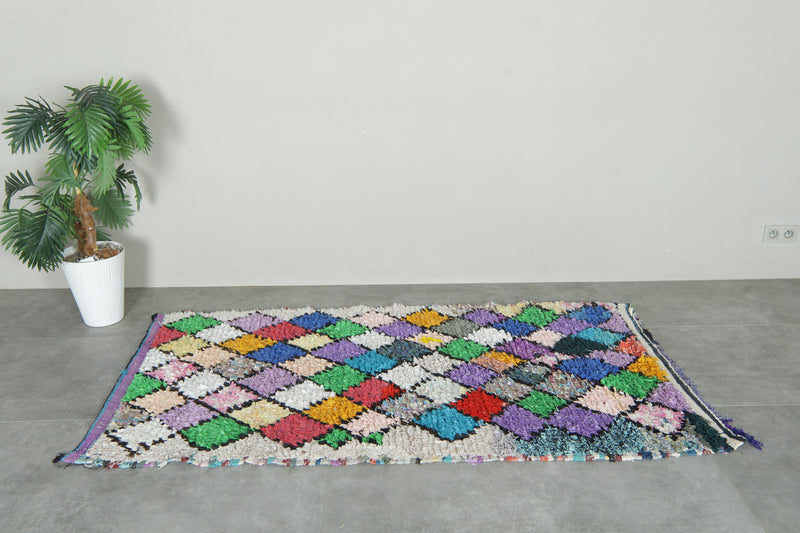 Boucherouite Moroccan rug with geometric diamond design - 3.6 ft x 6.8 ft