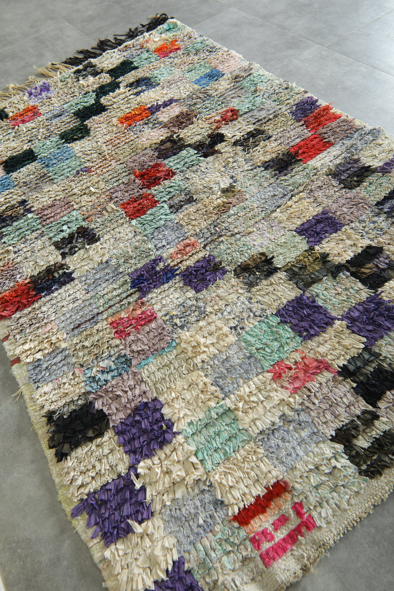 Moroccan boucherouite rug with multicolor and checkered design - 4.1 ft x 6.2 ft