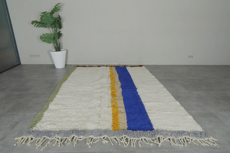 Minimalist Moroccan rug - White with blue & yellow stripes - 6.3 ft x 8.2 ft