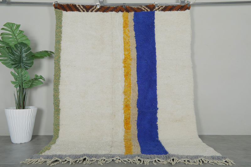 Minimalist Moroccan rug - White with blue & yellow stripes - 6.3 ft x 8.2 ft