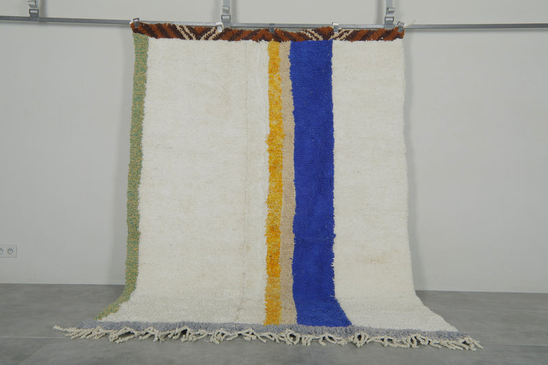 Minimalist Moroccan rug - White with blue & yellow stripes - 6.3 ft x 8.2 ft