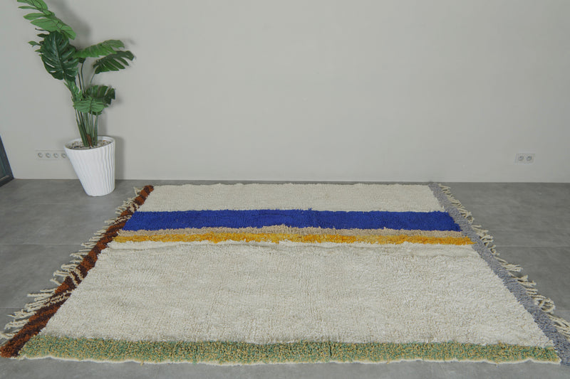 Minimalist Moroccan rug - White with blue & yellow stripes - 6.3 ft x 8.2 ft