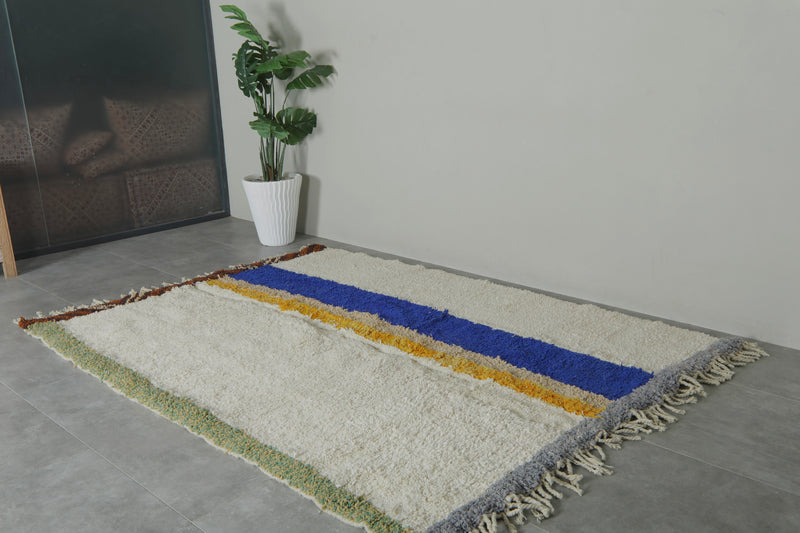 Minimalist Moroccan rug - White with blue & yellow stripes - 6.3 ft x 8.2 ft