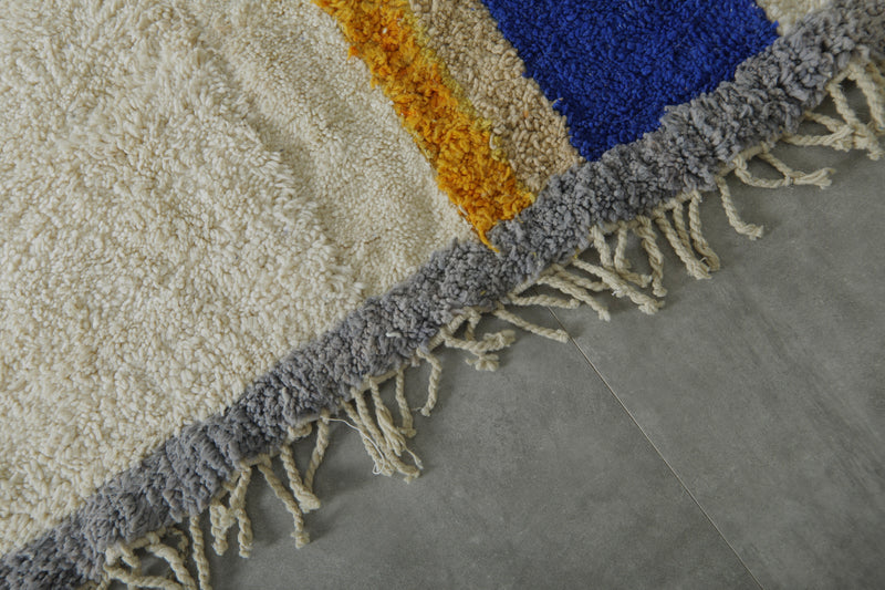 Minimalist Moroccan rug - White with blue & yellow stripes - 6.3 ft x 8.2 ft