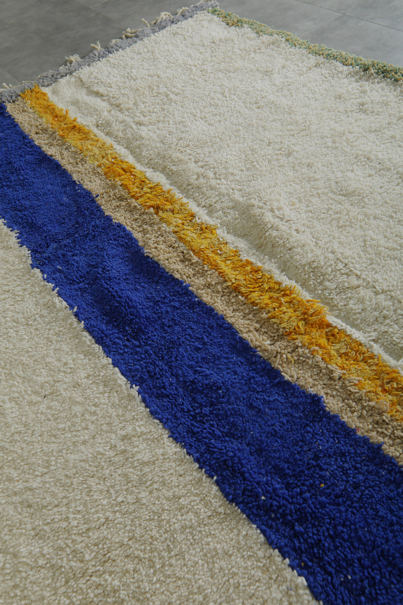 Minimalist Moroccan rug - White with blue & yellow stripes - 6.3 ft x 8.2 ft