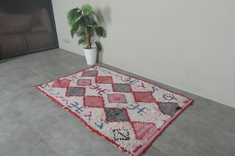 Tribal Moroccan Boucherouite Rug – 3.8 x 5.8 Feet Handwoven Diamond Motif Carpet - Boucherouite Rugs