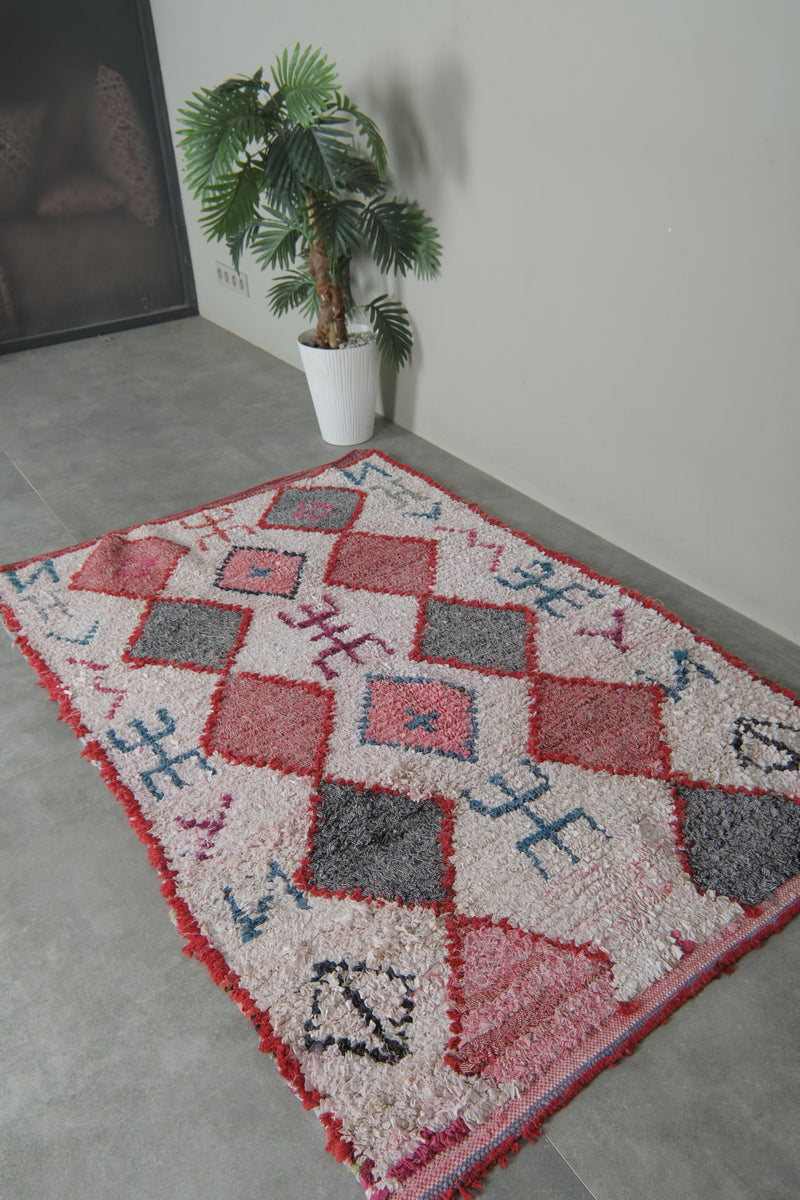 Tribal Moroccan Boucherouite Rug – 3.8 x 5.8 Feet Handwoven Diamond Motif Carpet - Boucherouite Rugs
