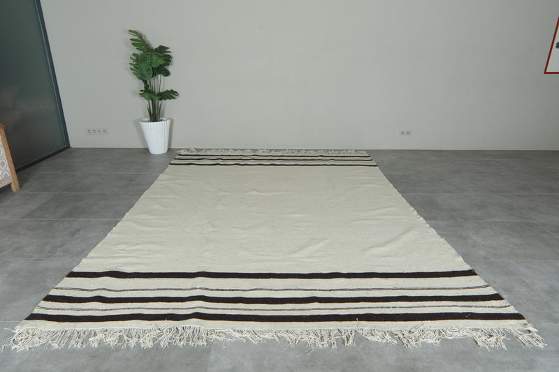 Moroccan kilim flatweave rug - Ivory with black stripes - 8 ft x 10.7 ft