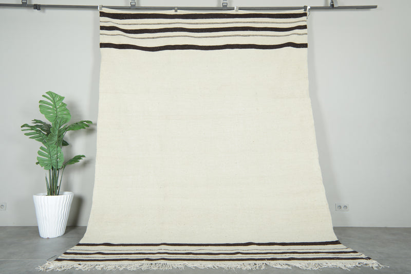 Moroccan kilim flatweave rug - Ivory with black stripes - 8 ft x 10.7 ft