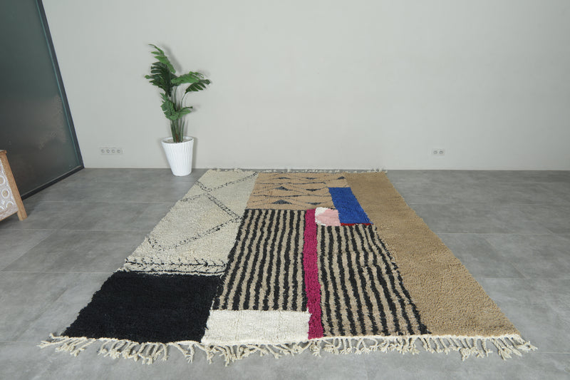 Moroccan Wool Rug 7.5 x 8.7 ft – Handmade Berber Carpet with Ivory, Beige, Black Stripes, Blue Panel & Geometric Tribal Design