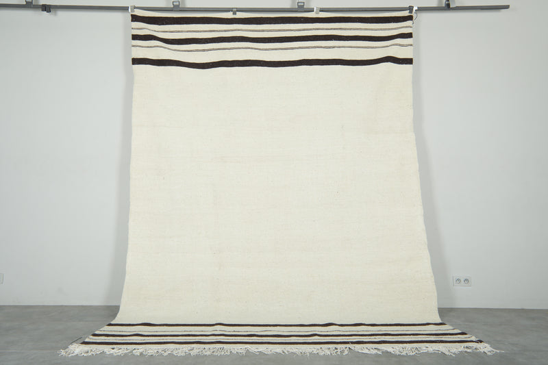 Moroccan kilim flatweave rug - Ivory with black stripes - 8 ft x 10.7 ft