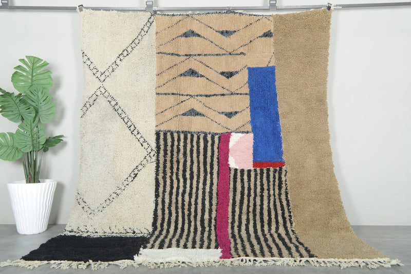 Moroccan Wool Rug 7.5 x 8.7 ft – Handmade Berber Carpet with Ivory, Beige, Black Stripes, Blue Panel & Geometric Tribal Design