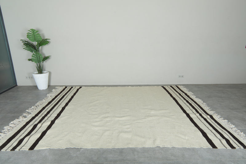 Moroccan kilim flatweave rug - Ivory with black stripes - 8 ft x 10.7 ft