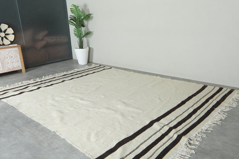 Moroccan kilim flatweave rug - Ivory with black stripes - 8 ft x 10.7 ft