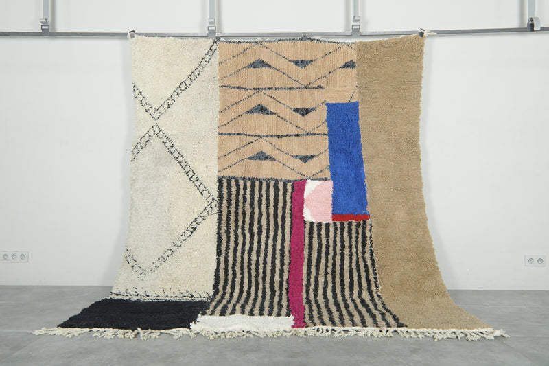 Moroccan Wool Rug 7.5 x 8.7 ft – Handmade Berber Carpet with Ivory, Beige, Black Stripes, Blue Panel & Geometric Tribal Design