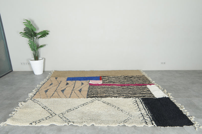 Moroccan Wool Rug 7.5 x 8.7 ft – Handmade Berber Carpet with Ivory, Beige, Black Stripes, Blue Panel & Geometric Tribal Design