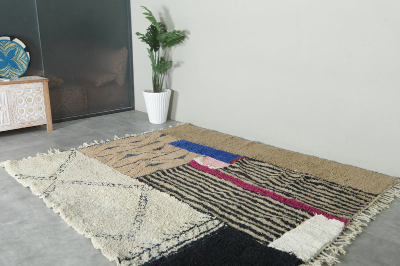 Moroccan Wool Rug 7.5 x 8.7 ft – Handmade Berber Carpet with Ivory, Beige, Black Stripes, Blue Panel & Geometric Tribal Design