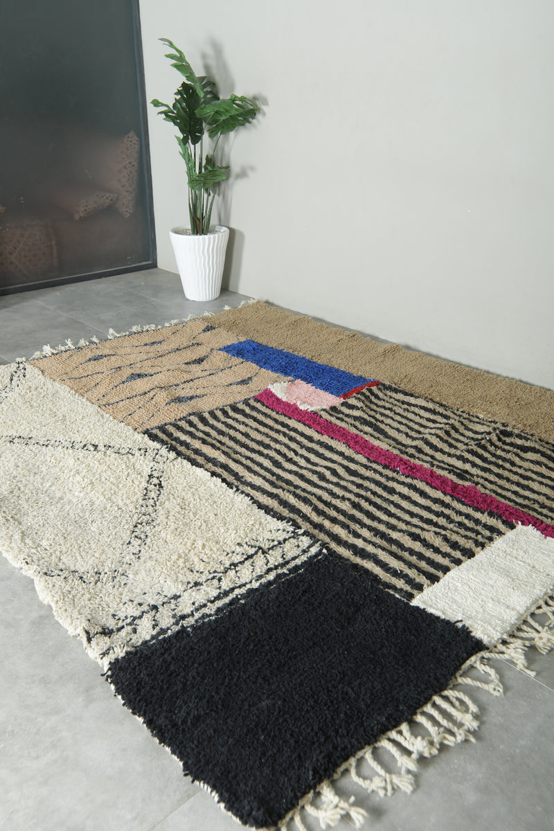 Moroccan Wool Rug 7.5 x 8.7 ft – Handmade Berber Carpet with Ivory, Beige, Black Stripes, Blue Panel & Geometric Tribal Design