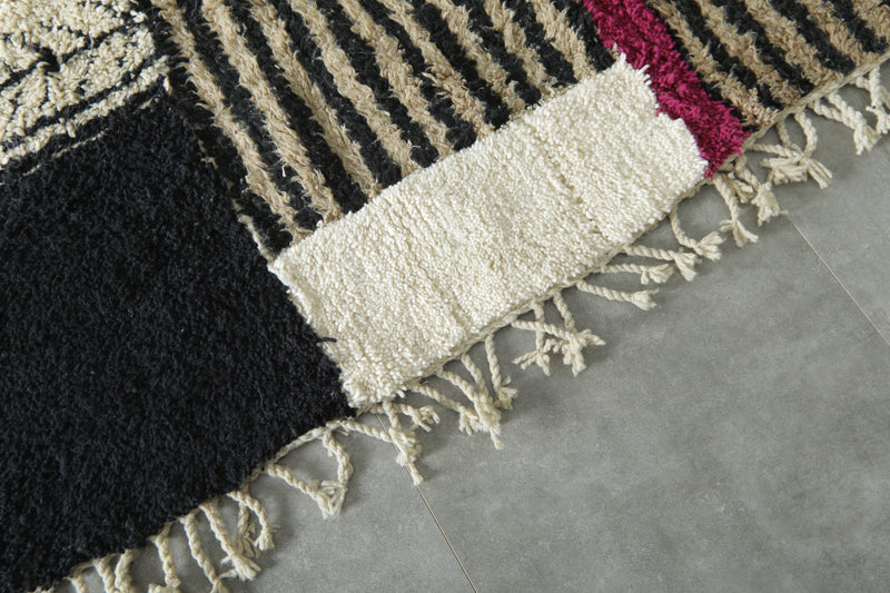 Moroccan Wool Rug 7.5 x 8.7 ft – Handmade Berber Carpet with Ivory, Beige, Black Stripes, Blue Panel & Geometric Tribal Design