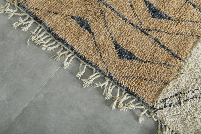 Moroccan Wool Rug 7.5 x 8.7 ft – Handmade Berber Carpet with Ivory, Beige, Black Stripes, Blue Panel & Geometric Tribal Design