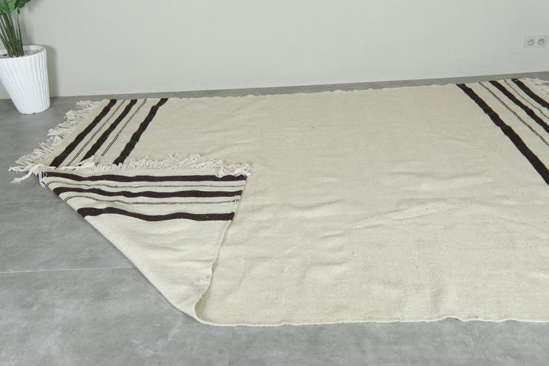 Moroccan kilim flatweave rug - Ivory with black stripes - 8 ft x 10.7 ft