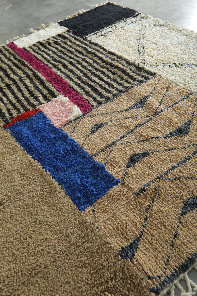 Moroccan Wool Rug 7.5 x 8.7 ft – Handmade Berber Carpet with Ivory, Beige, Black Stripes, Blue Panel & Geometric Tribal Design