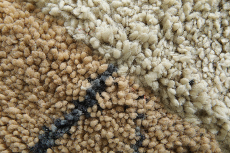 Moroccan Wool Rug 7.5 x 8.7 ft – Handmade Berber Carpet with Ivory, Beige, Black Stripes, Blue Panel & Geometric Tribal Design