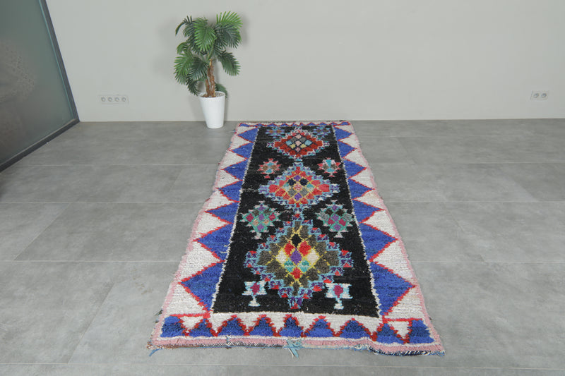 Geometric Moroccan Boucherouite Rug – 3.7 x 8.9 Feet Colorful Tribal Art - Boucherouite Rugs