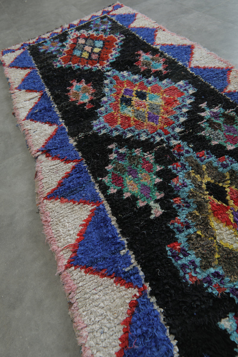 Geometric Moroccan Boucherouite Rug – 3.7 x 8.9 Feet Colorful Tribal Art - Boucherouite Rugs