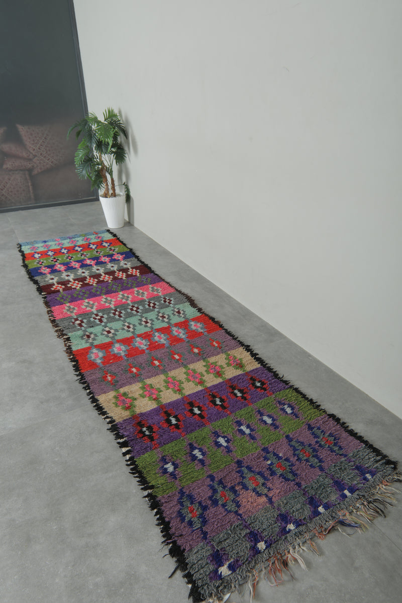 Long Vintage Moroccan Boucherouite Runner – 2.8 x 11.3 Feet Handwoven Hallway Rug - Boucherouite Rugs