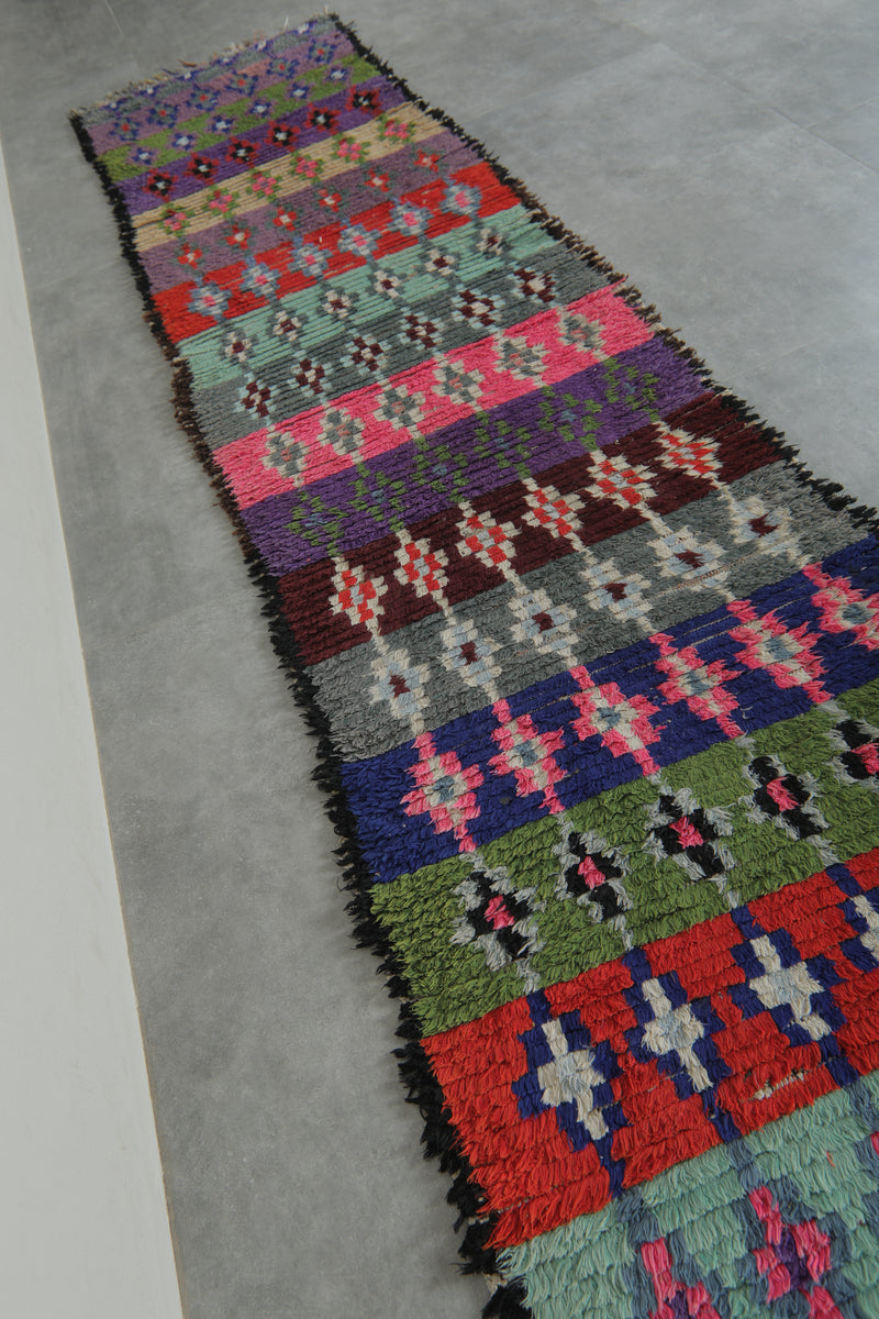 Long Vintage Moroccan Boucherouite Runner – 2.8 x 11.3 Feet Handwoven Hallway Rug - Boucherouite Rugs