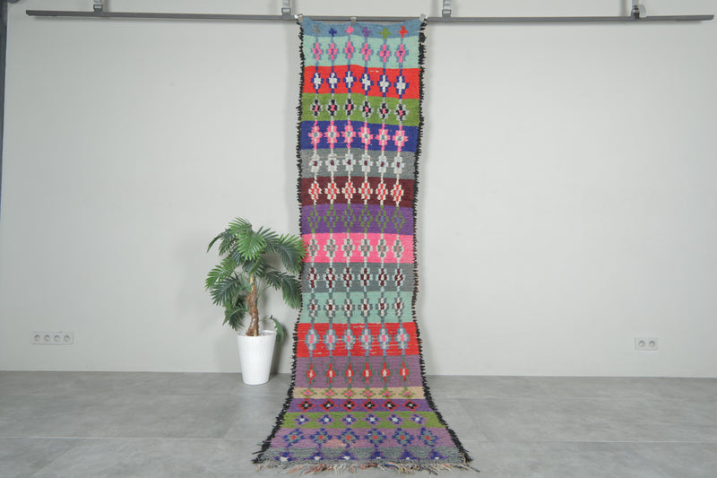 Long Vintage Moroccan Boucherouite Runner – 2.8 x 11.3 Feet Handwoven Hallway Rug - Boucherouite Rugs