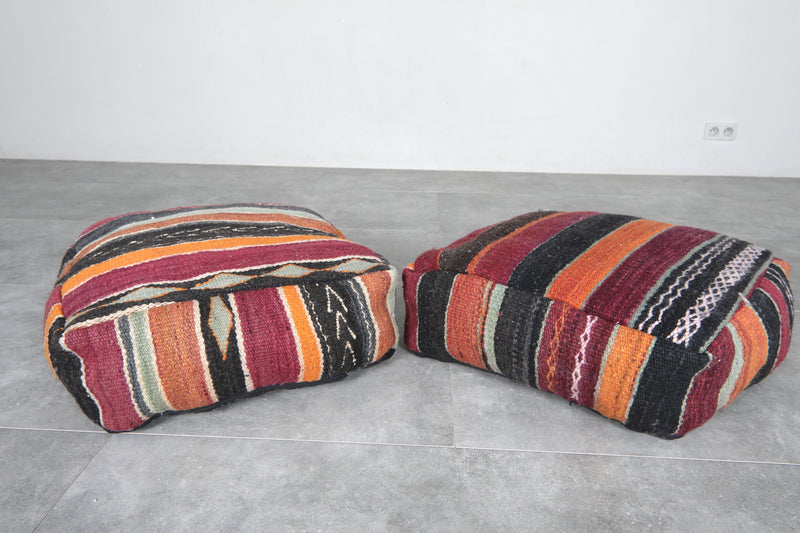Pair of Moroccan Kilim Poufs - Handwoven Wool Floor Cushions - kilim poufs