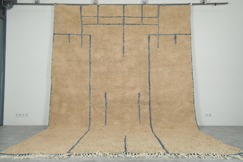 Handmade beige Moroccan rug with blue lines – Custom carpet