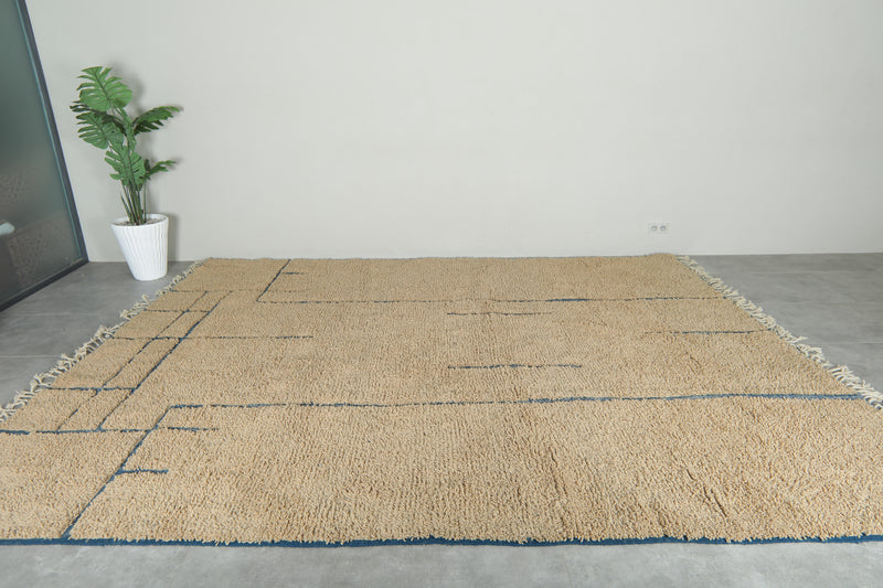 Handmade beige Moroccan rug with blue lines – Custom carpet