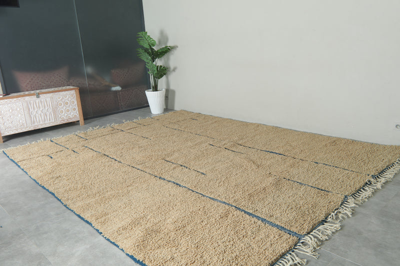 Handmade beige Moroccan rug with blue lines – Custom carpet