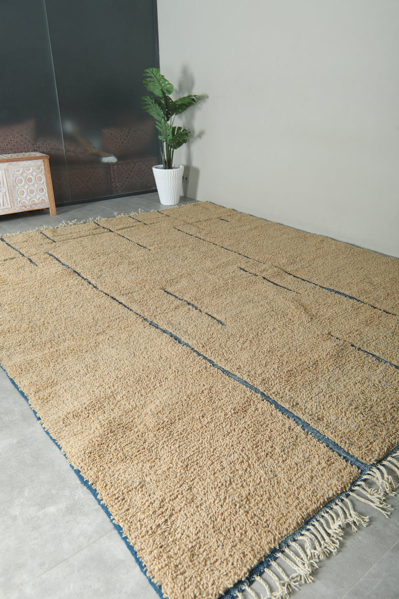 Handmade beige Moroccan rug with blue lines – Custom carpet