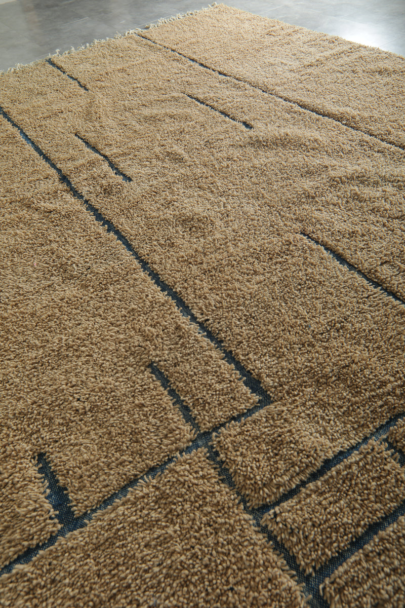 Handmade beige Moroccan rug with blue lines – Custom carpet