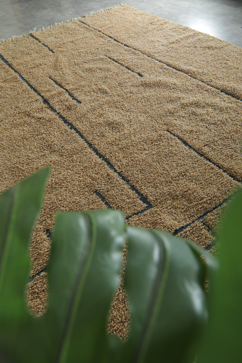 Handmade beige Moroccan rug with blue lines – Custom carpet