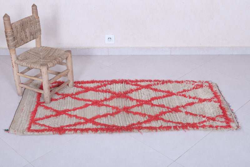 Moroccan Berber Rug with Red Diamond Pattern - 2.3 x 5 Feet - Boucherouite Rugs
