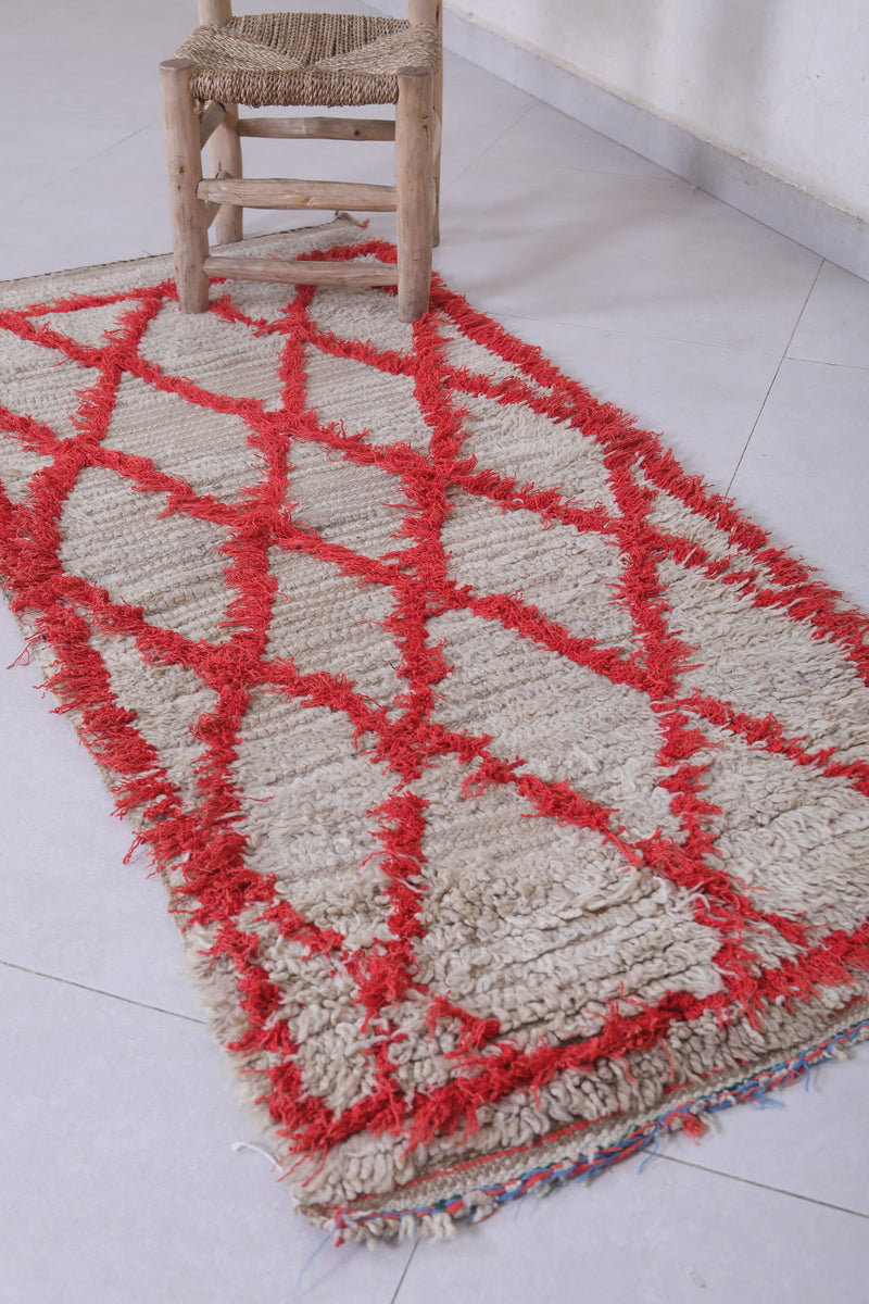 Moroccan Berber Rug with Red Diamond Pattern - 2.3 x 5 Feet - Boucherouite Rugs