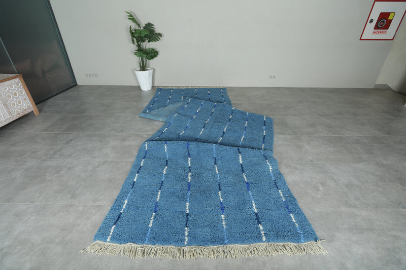 Blue Moroccan runner rug with blue and white striped - 4.9 ft x 18.2 ft