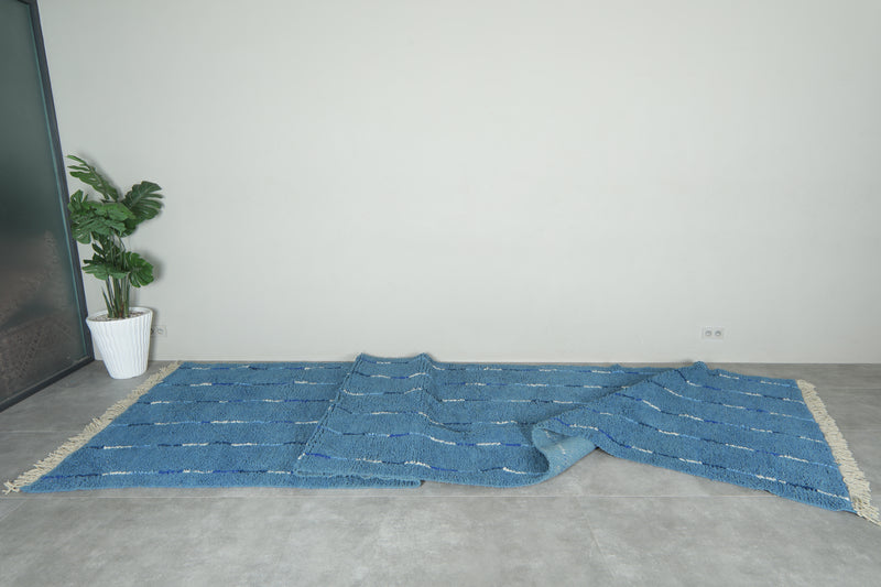 Blue Moroccan runner rug with blue and white striped - 4.9 ft x 18.2 ft