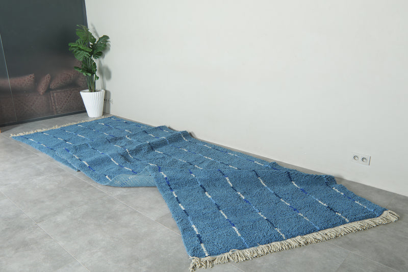 Blue Moroccan runner rug with blue and white striped - 4.9 ft x 18.2 ft