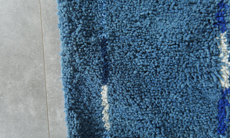 Blue Moroccan runner rug with blue and white striped - 4.9 ft x 18.2 ft