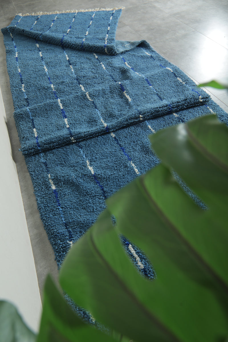 Blue Moroccan runner rug with blue and white striped - 4.9 ft x 18.2 ft
