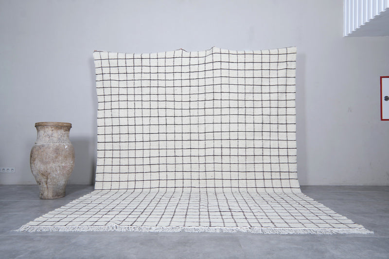 Moroccan Rug - Large White Grid Pattern 9.3 x 12 ft | Handwoven Berber Carpet - Flat woven rugs