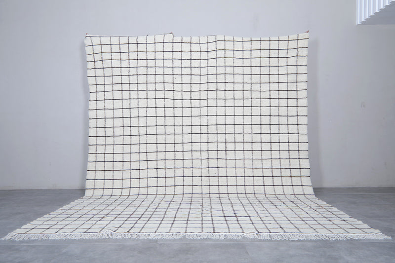 Moroccan Rug - Large White Grid Pattern 9.3 x 12 ft | Handwoven Berber Carpet - Flat woven rugs