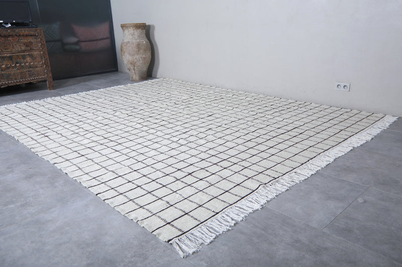 Moroccan Rug - Large White Grid Pattern 9.3 x 12 ft | Handwoven Berber Carpet - Flat woven rugs