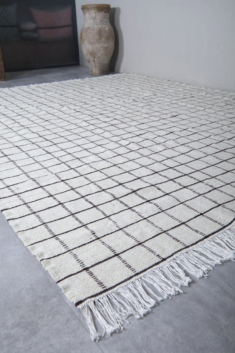 Moroccan Rug - Large White Grid Pattern 9.3 x 12 ft | Handwoven Berber Carpet - Flat woven rugs